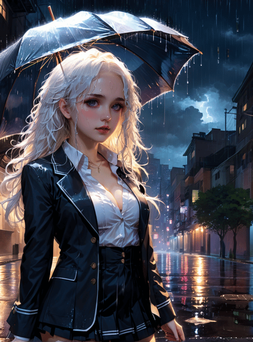 woman, umbrella, street, rain, buildings, neon, signs, clothing, hair, city