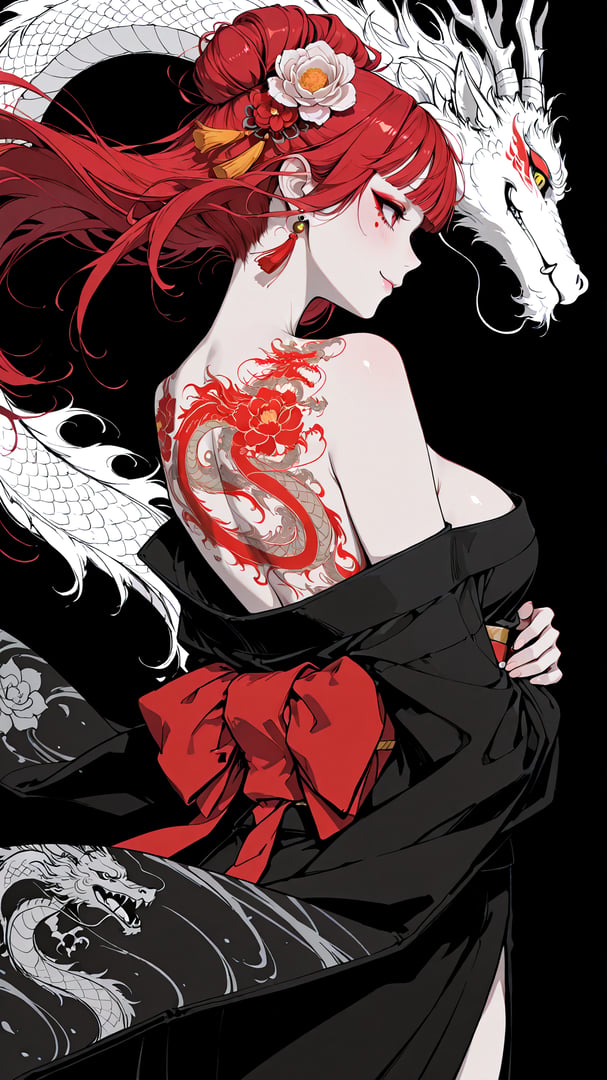 AI generated wallpaper featuring woman, dragon, silk, hair, tattoo