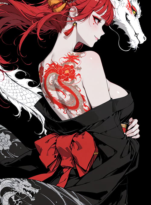 woman, dragon, silk, hair, tattoo