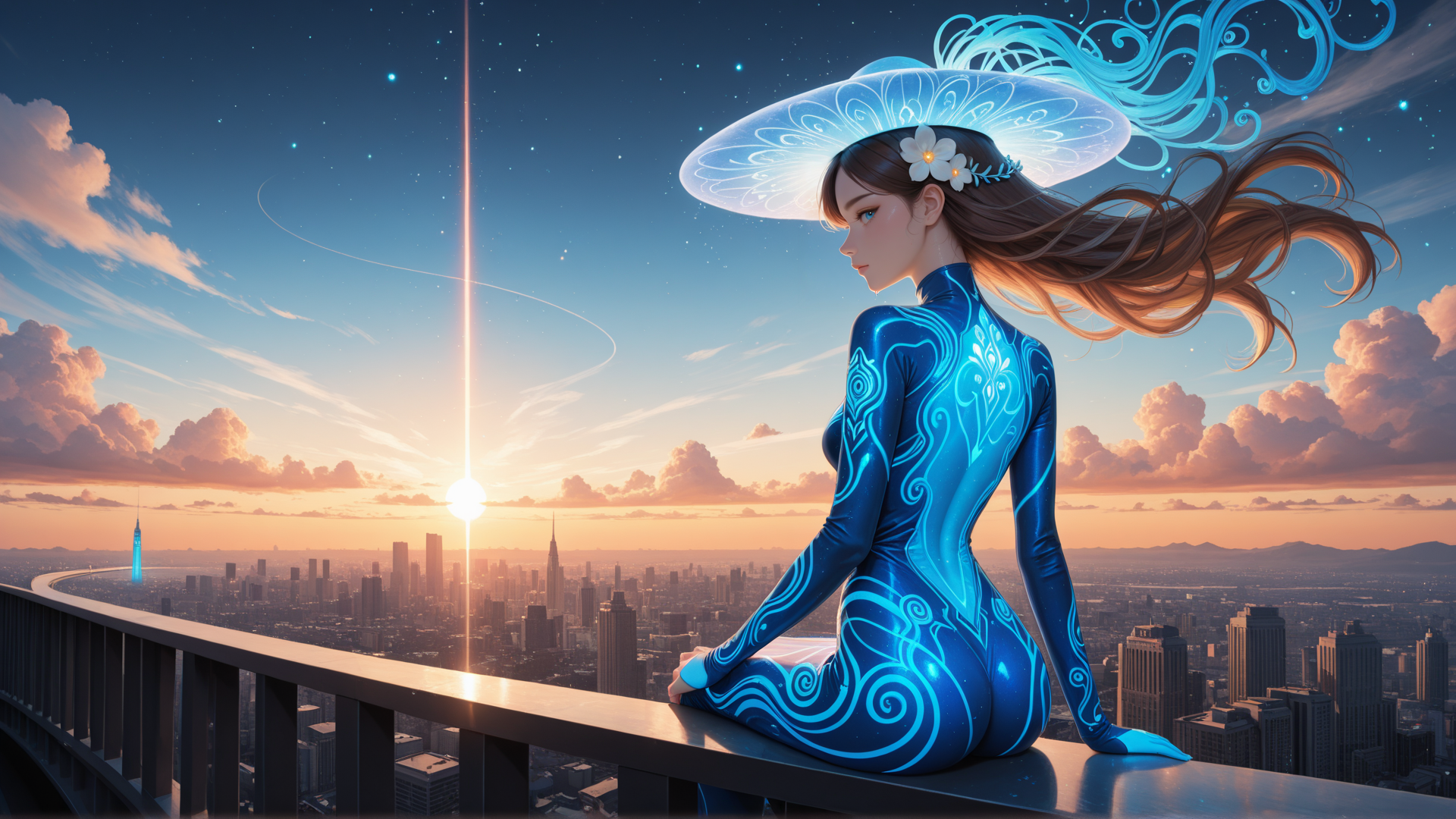 AI generated wallpaper featuring woman, cityscape, sunrise, helmet, hair, dress, sky, clouds, buildings, flowers