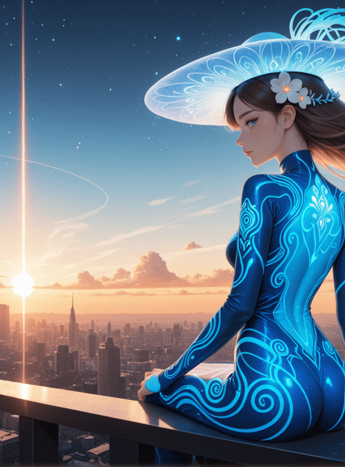 woman, cityscape, sunrise, helmet, hair, dress, sky, clouds, buildings, flowers