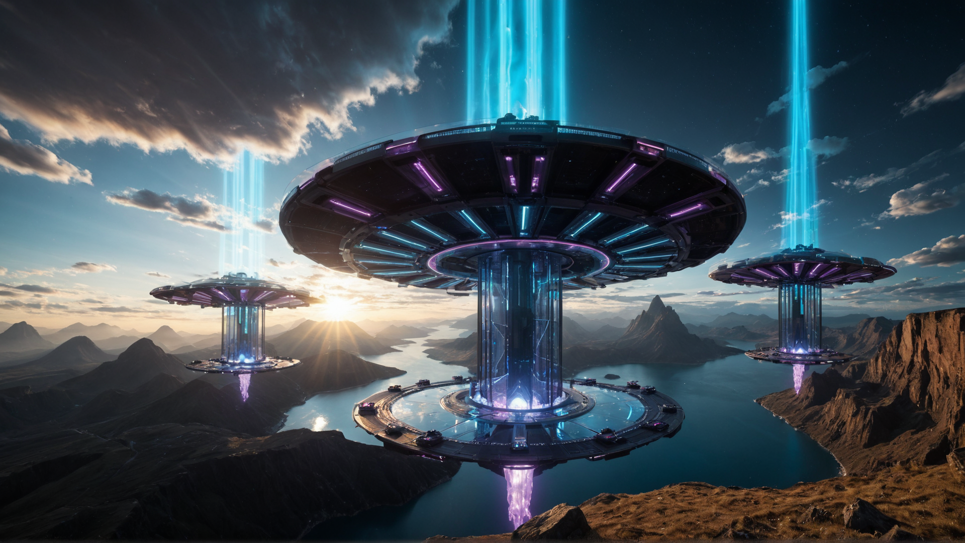 AI generated wallpaper featuring alien, structure, city