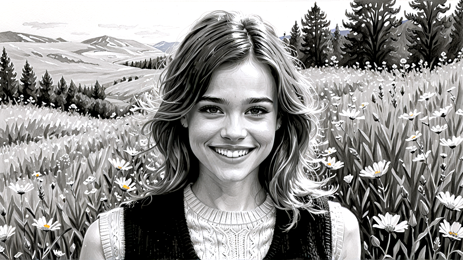 AI generated wallpaper featuring woman, flowers, field, trees, mountains