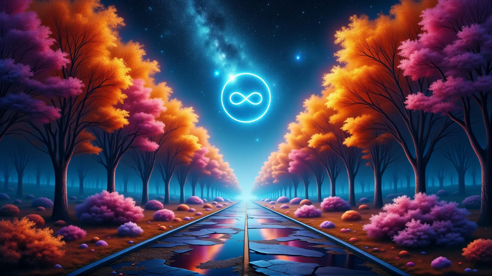 AI generated wallpaper featuring trees, railroad, infinity