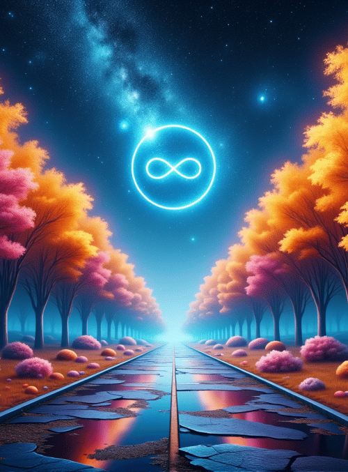 trees, railroad, infinity