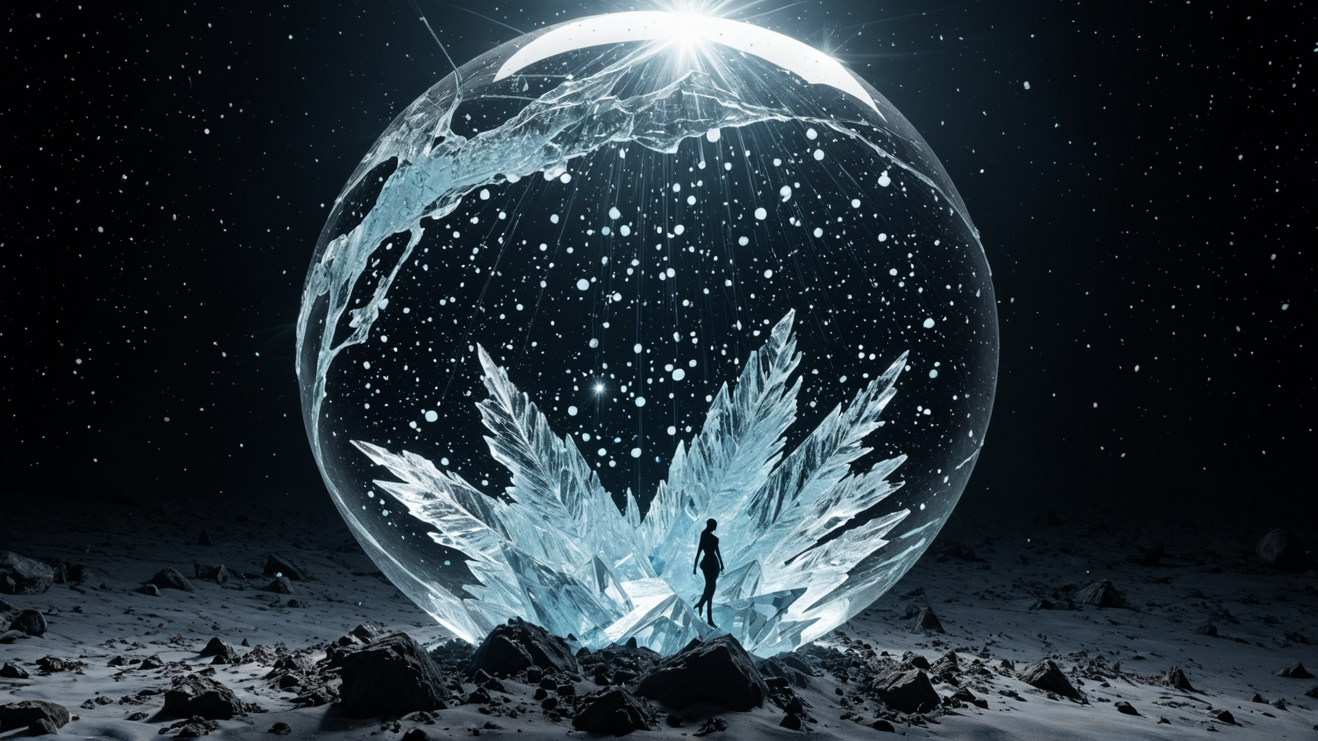 AI generated wallpaper featuring crystal globe, silhouette, ice feather