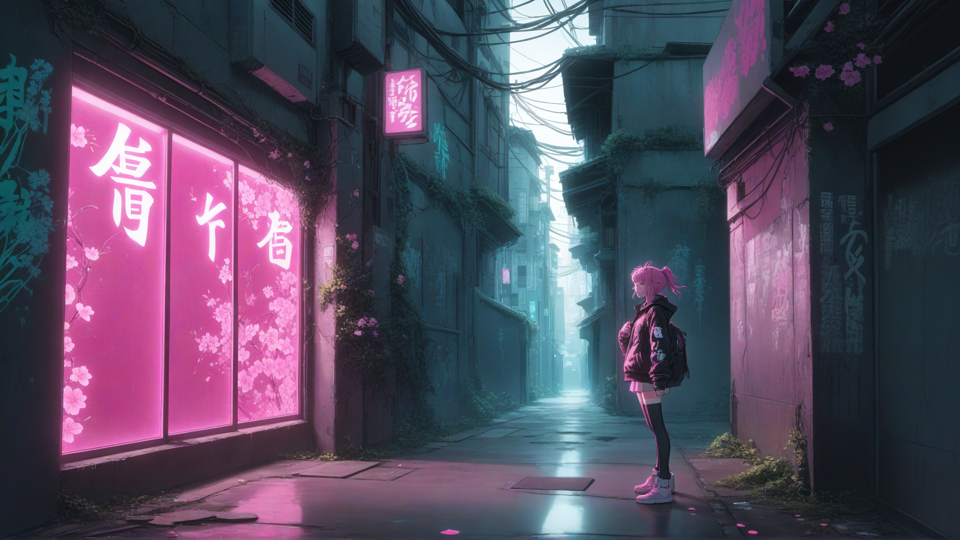 AI generated wallpaper featuring girl, alley, neon signs