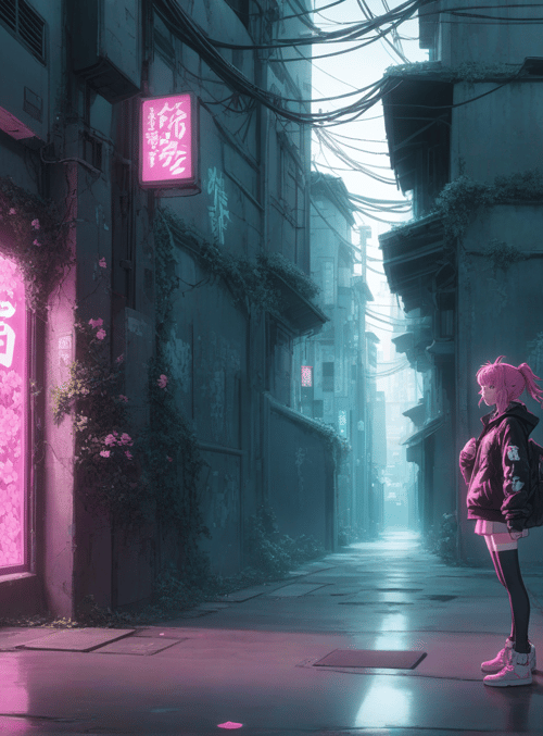 girl, alley, neon signs