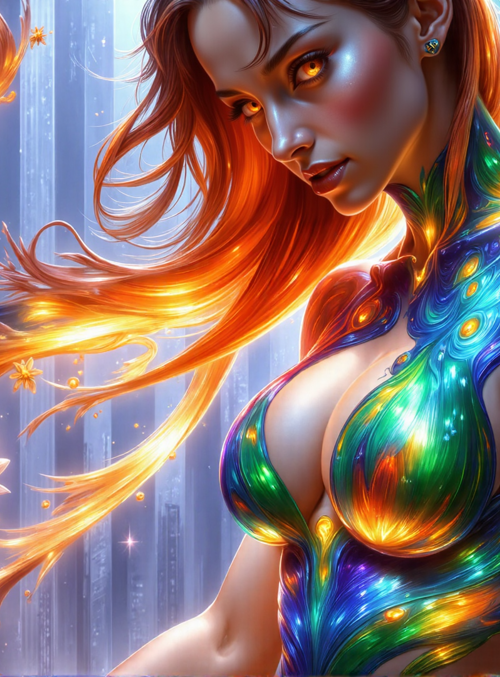 woman, flower, peacock, light, sunset, cityscape, glowing, art, feminine, fantasy