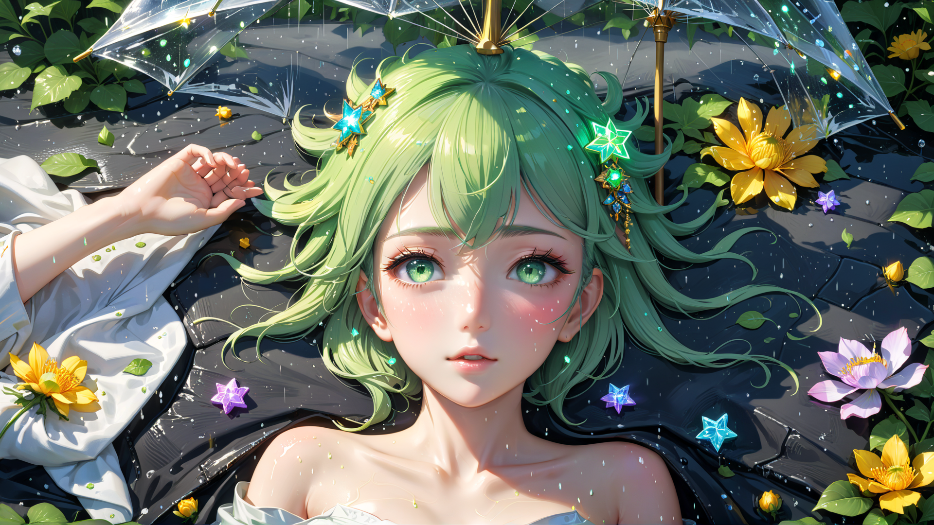AI generated wallpaper featuring girl, umbrella, flowers, water, hair, stars, leaves, clothes, raindrops, lotus