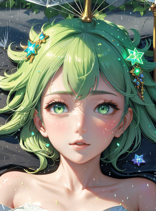 girl, umbrella, flowers, water, hair, stars, leaves, clothes, raindrops, lotus