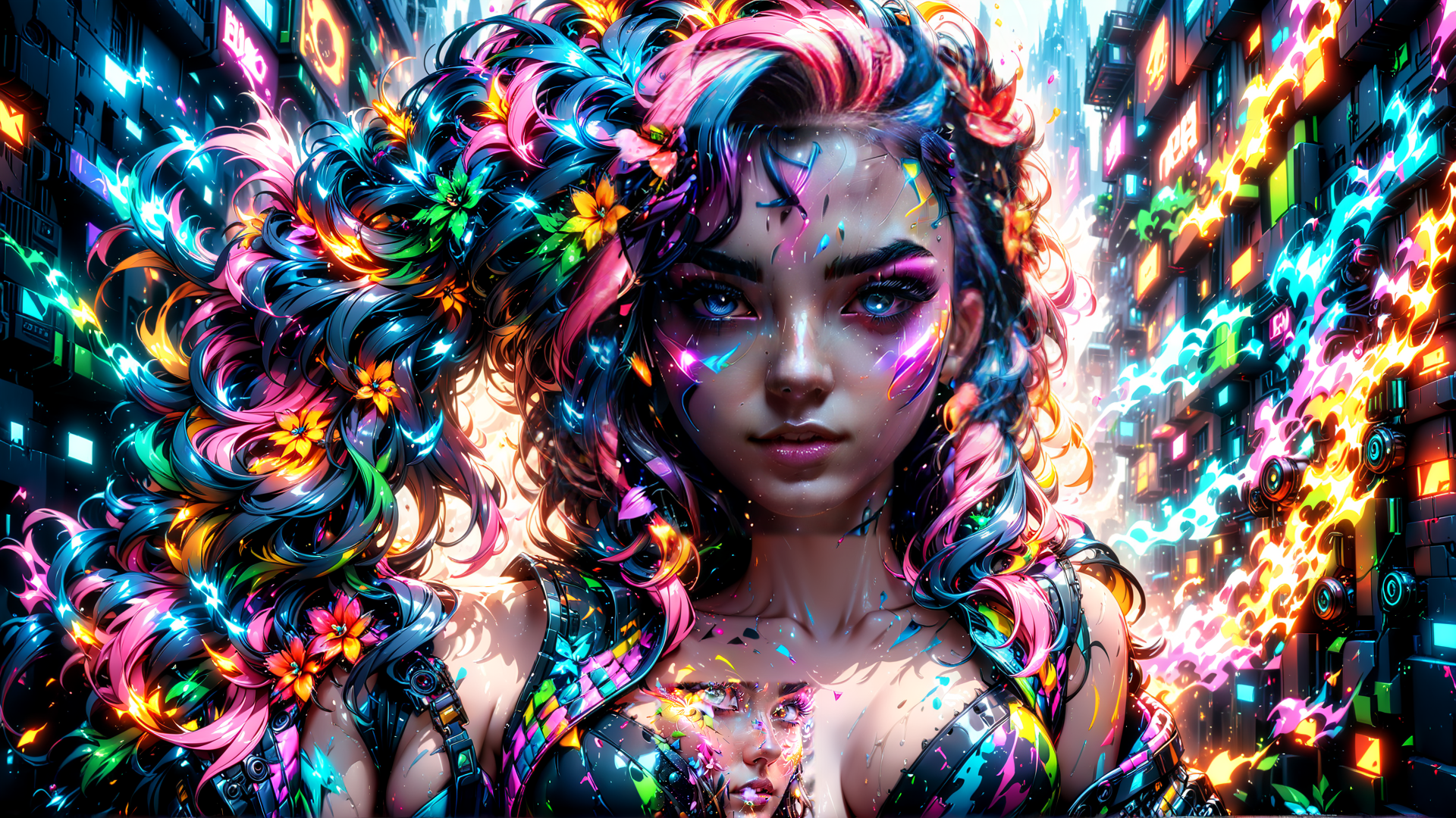 AI generated wallpaper featuring woman, neon, city