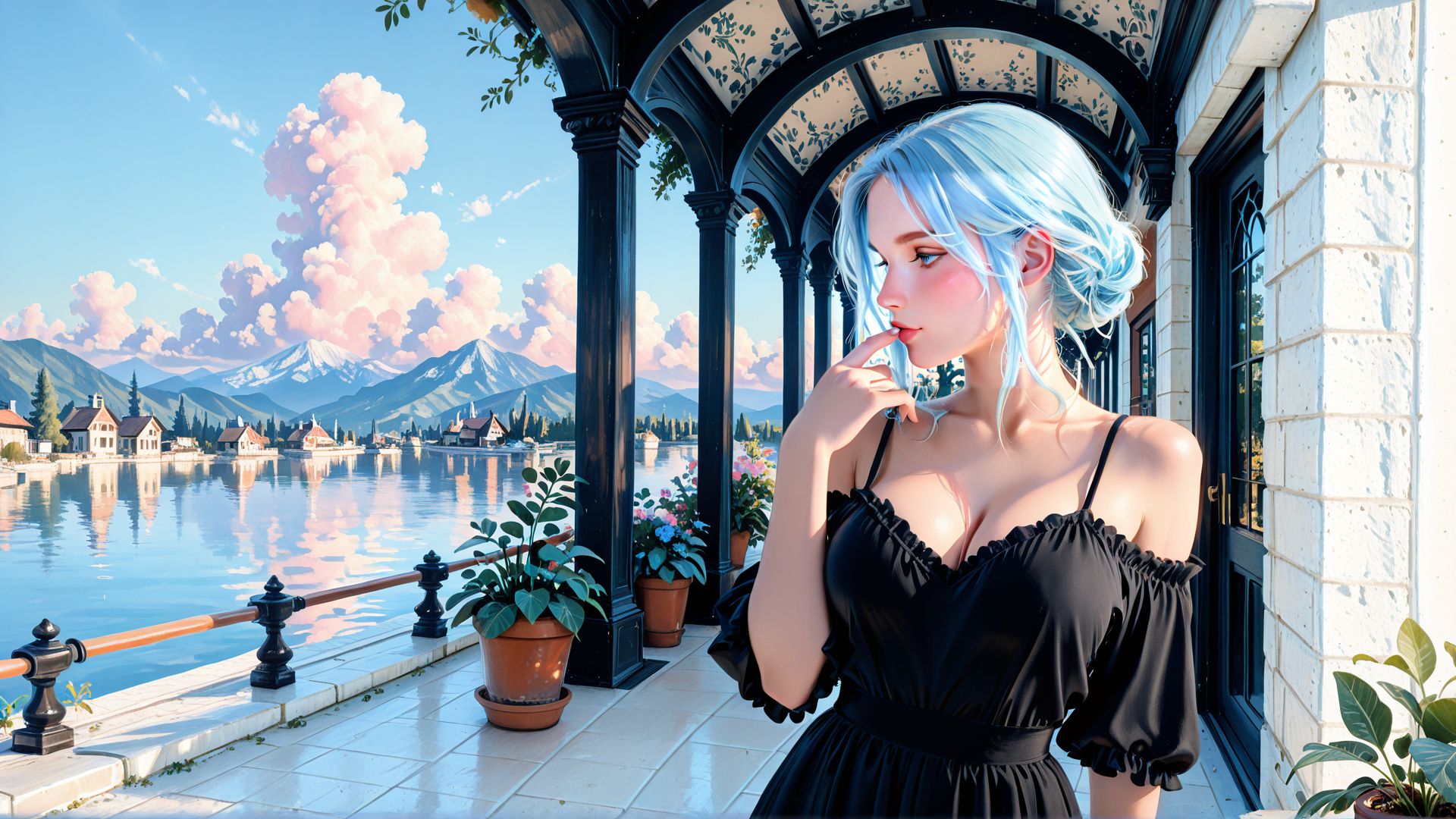 AI generated wallpaper featuring woman, dress, lake, mountains, flowers, porch, house, clouds, hair, bottle