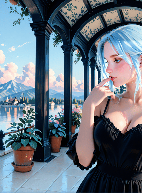 woman, dress, lake, mountains, flowers, porch, house, clouds, hair, bottle