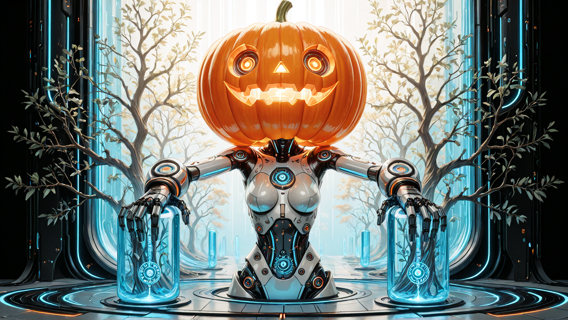 AI generated wallpaper featuring robot, pumpkin, trees, vases, gloves