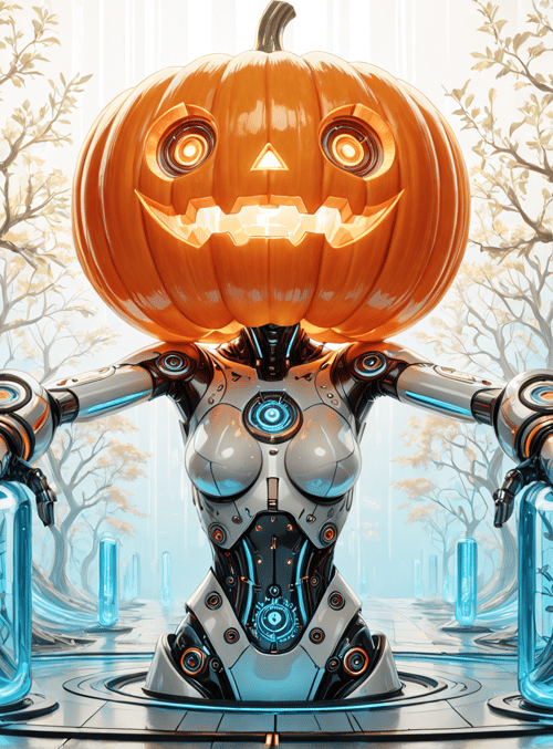 robot, pumpkin, trees, vases, gloves