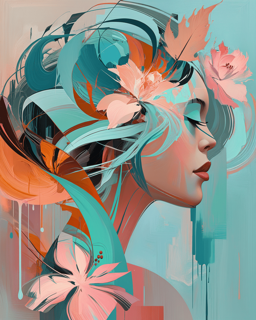 AI generated wallpaper featuring woman, flowers, leaves, abstract, art, hair, painting, grace, nature, silhouette