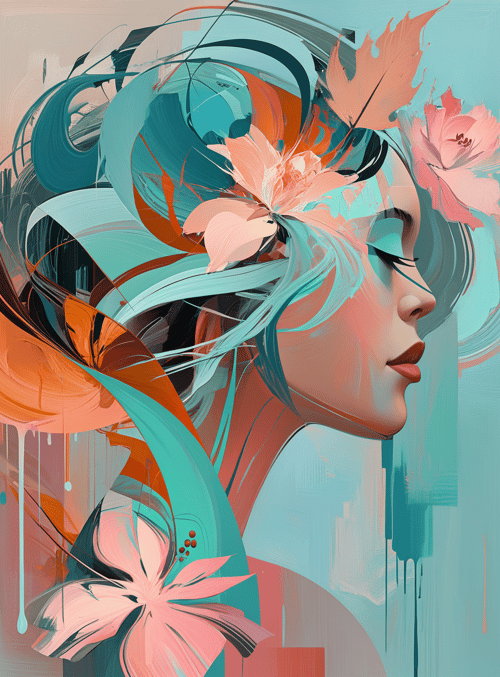 woman, flowers, leaves, abstract, art, hair, painting, grace, nature, silhouette
