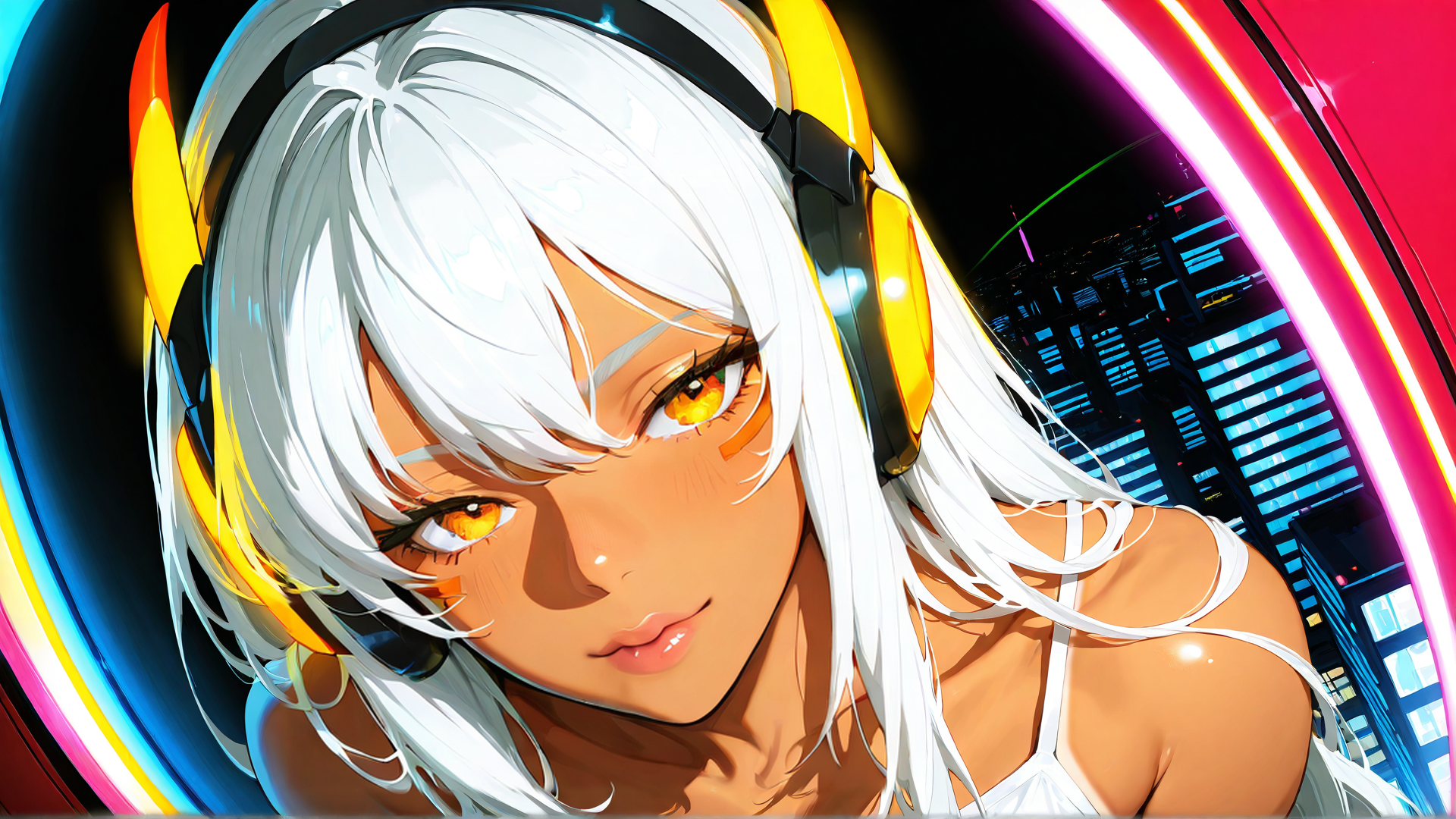 AI generated wallpaper featuring anime girl, headphones, cityscape, neon lights