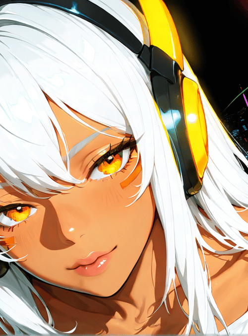 anime girl, headphones, cityscape, neon lights