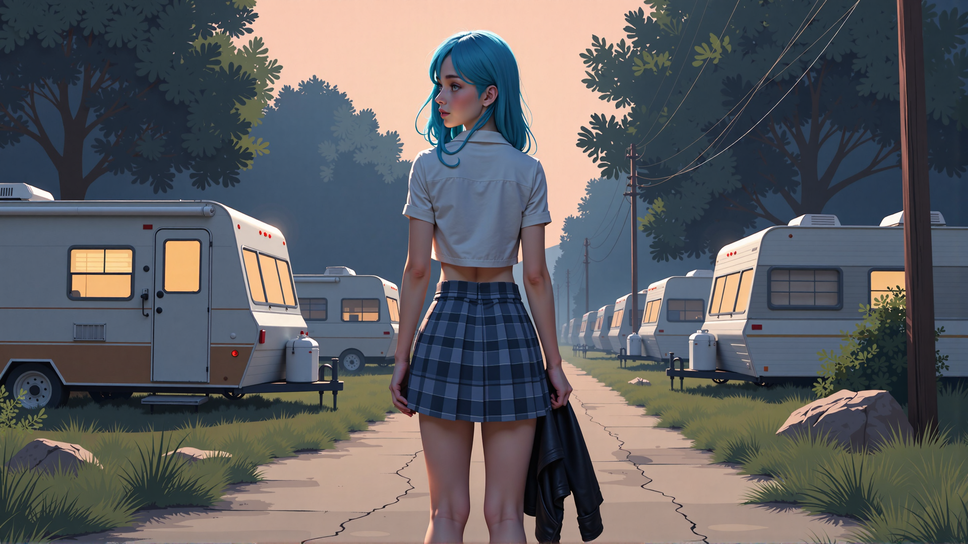 AI generated wallpaper featuring woman, camper, trailer, trees, pathway, jacket, skirt, hair, grass, rock