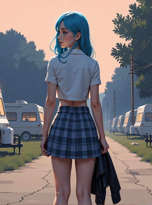 woman, camper, trailer, trees, pathway, jacket, skirt, hair, grass, rock