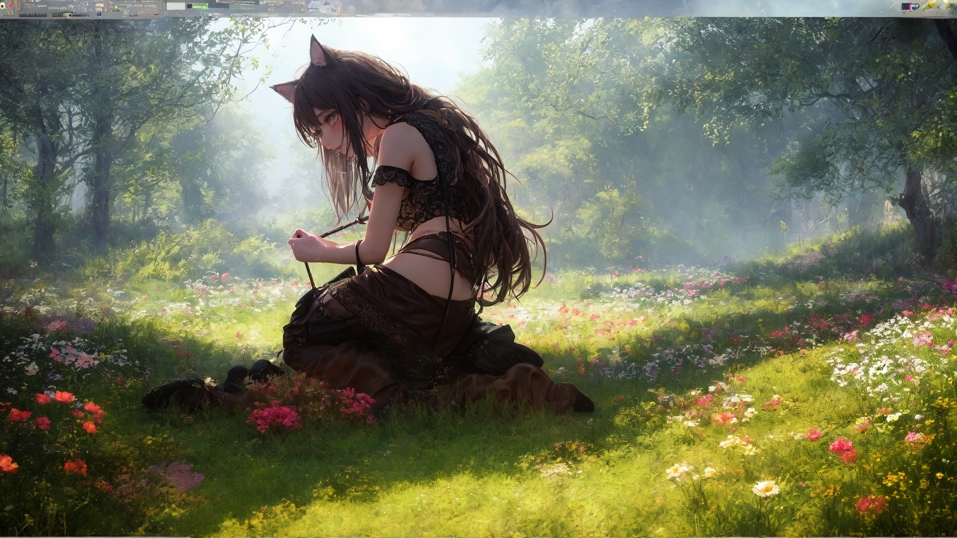 AI generated wallpaper featuring cat girl, girl, nature
