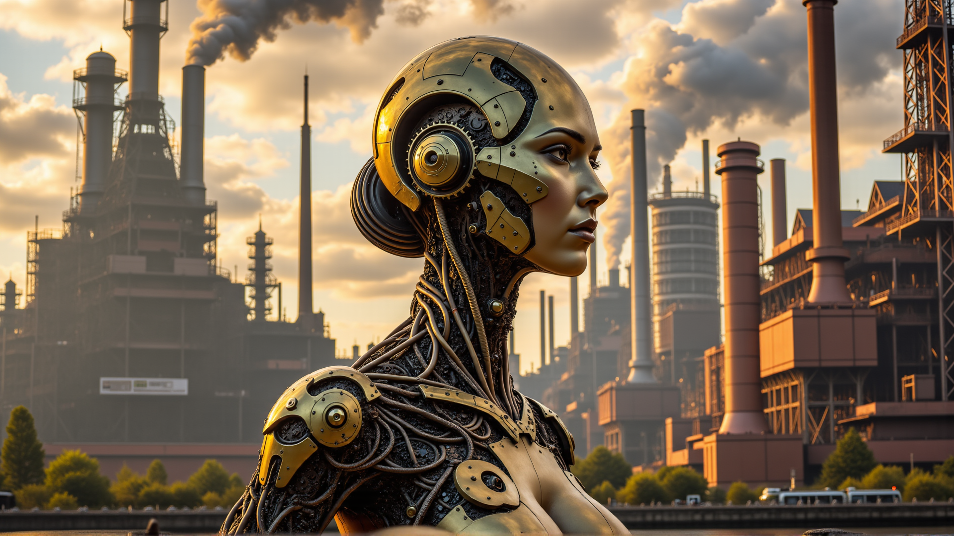 AI generated wallpaper featuring robot, cyborg, industrial, factory, smokestack