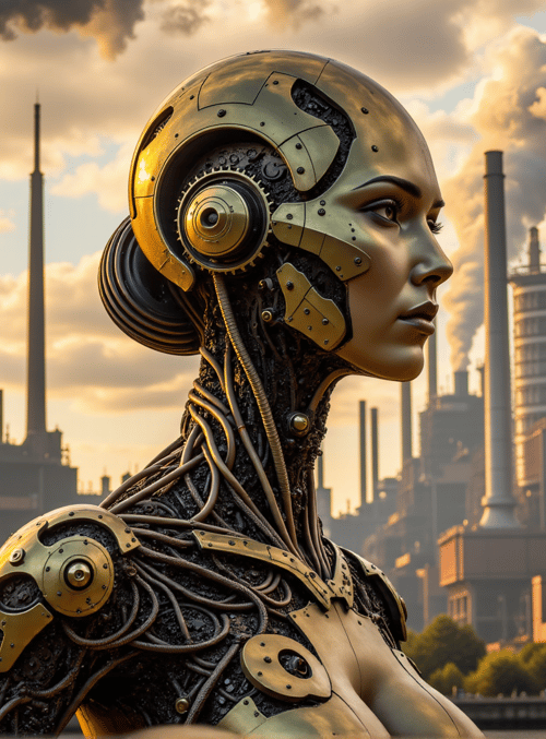 robot, cyborg, industrial, factory, smokestack