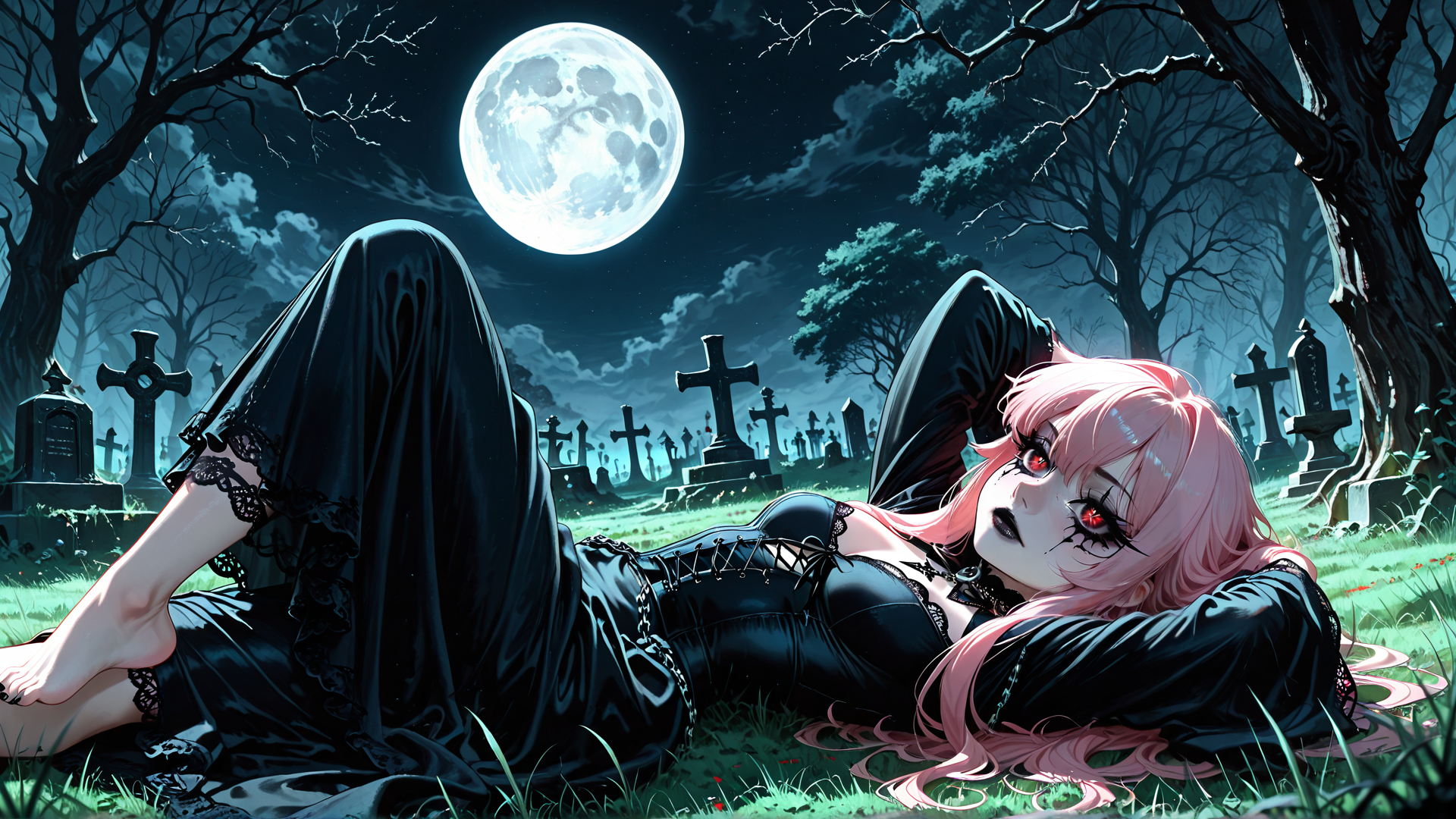 AI generated wallpaper featuring girl, woman, gravestone, moon, trees, clothes, grass, cross, cape, chains