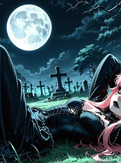 girl, woman, gravestone, moon, trees, clothes, grass, cross, cape, chains