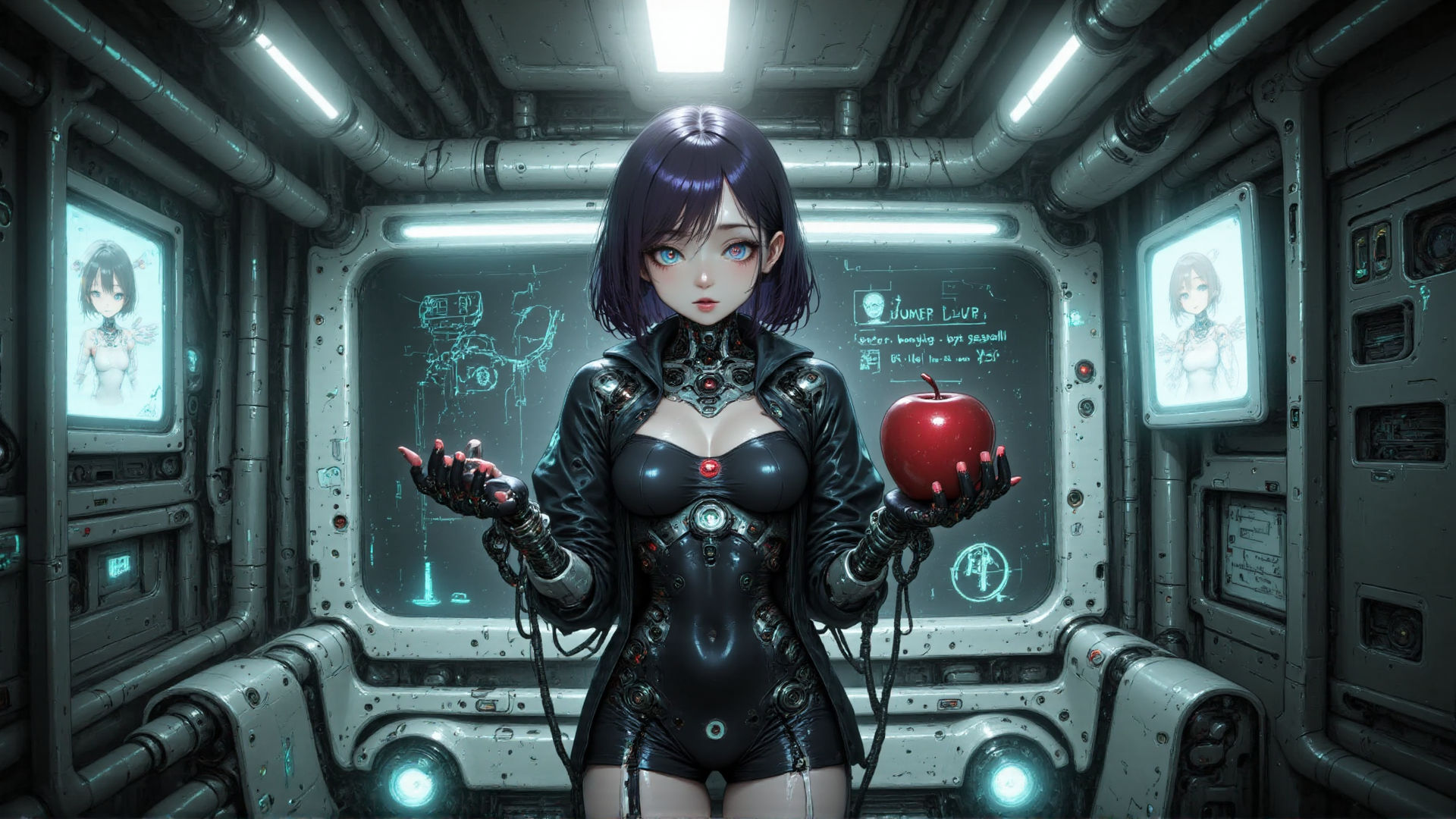 AI generated wallpaper featuring cyborg, apple, robot, gloves, screen, pipes, laptop, circuit, screen, robot