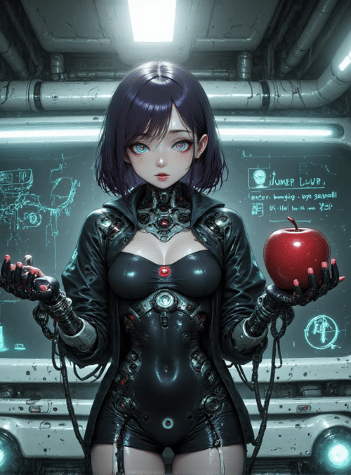 cyborg, apple, robot, gloves, screen, pipes, laptop, circuit, screen, robot