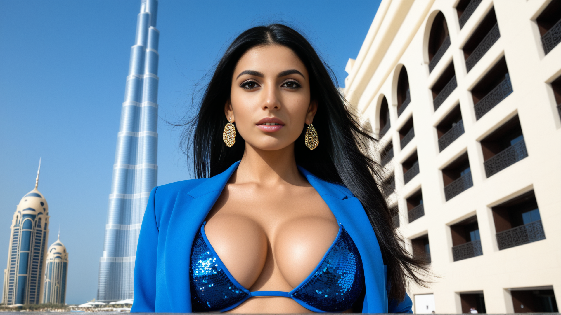 AI generated wallpaper featuring woman, buildings, dubai