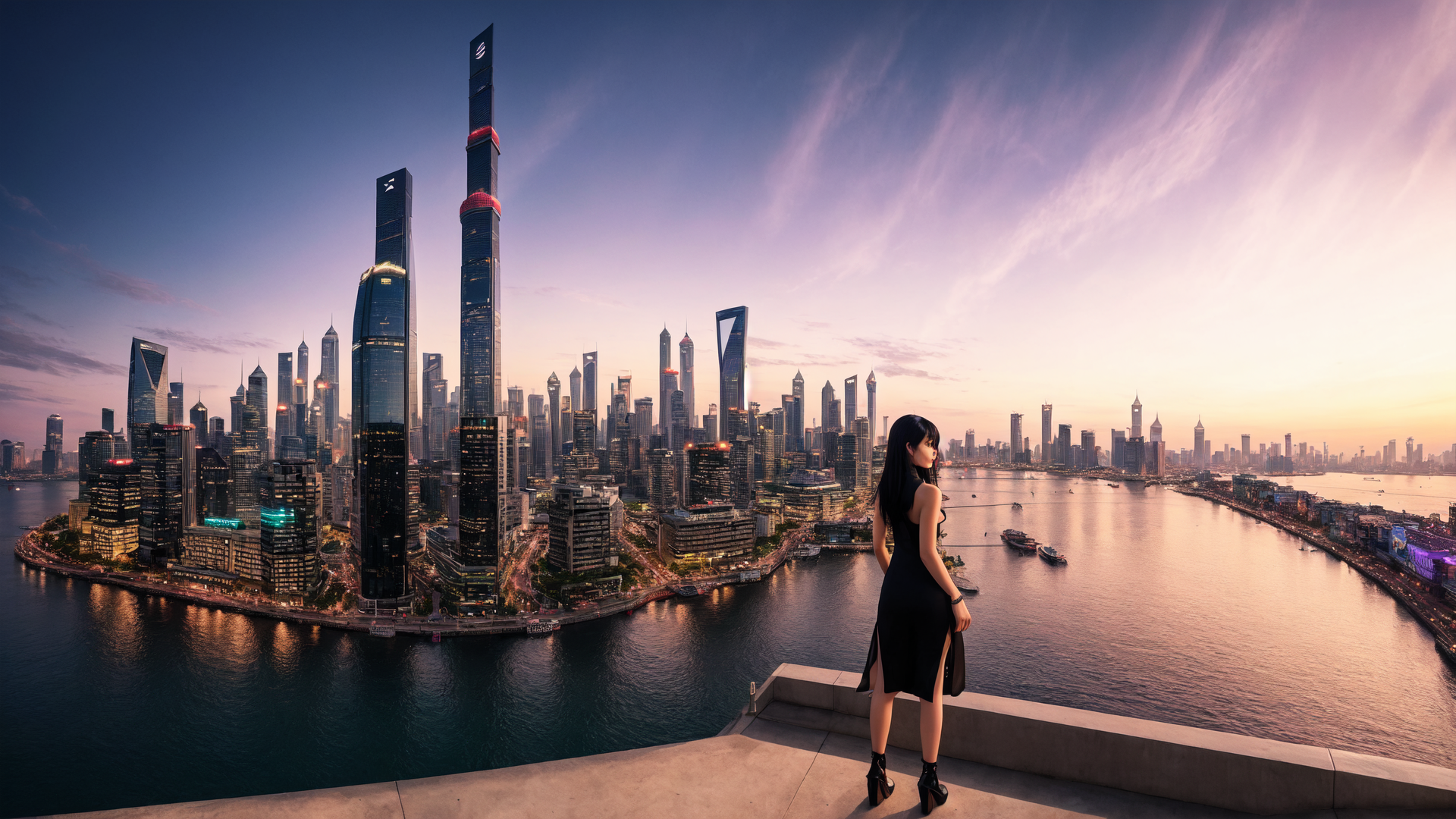 AI generated wallpaper featuring woman, cityscape, skyscrapers