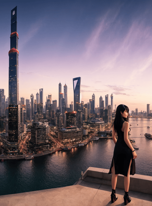 woman, cityscape, skyscrapers