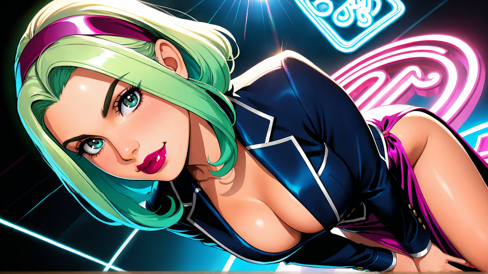 AI generated wallpaper featuring anime girl, neon lights, jacket, shorts, hair