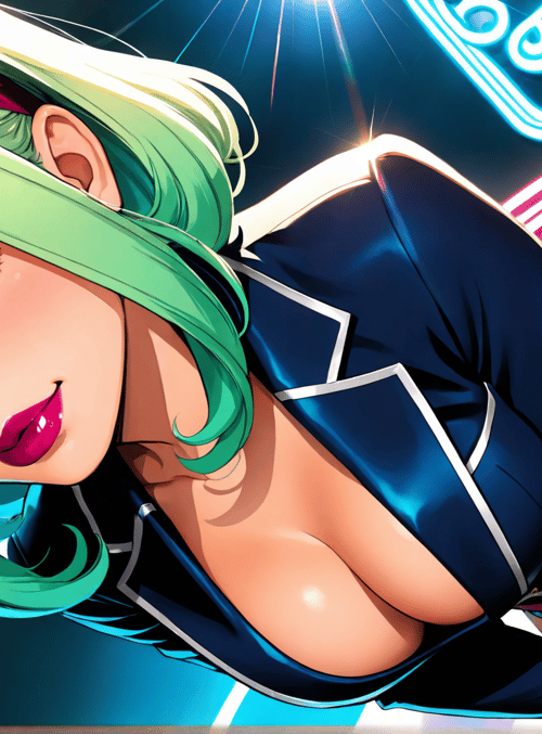 anime girl, neon lights, jacket, shorts, hair