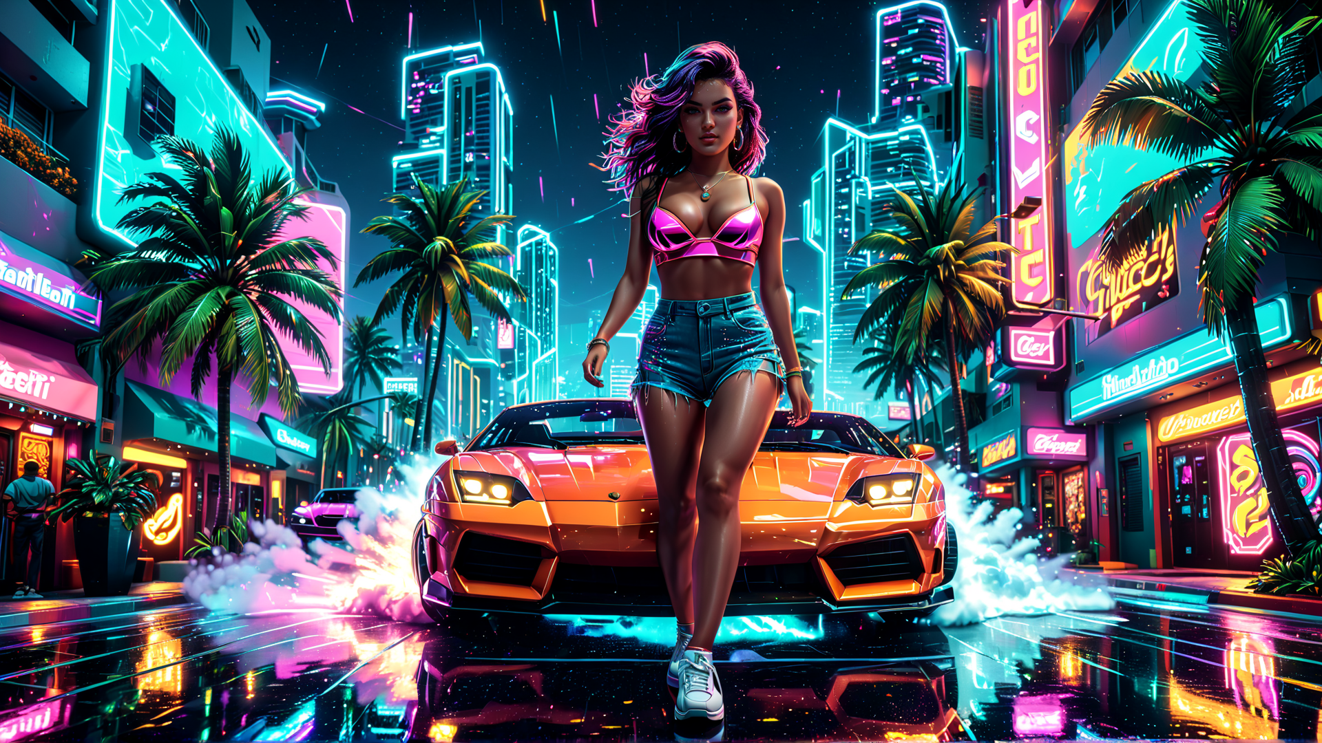 AI generated wallpaper featuring woman, car, city