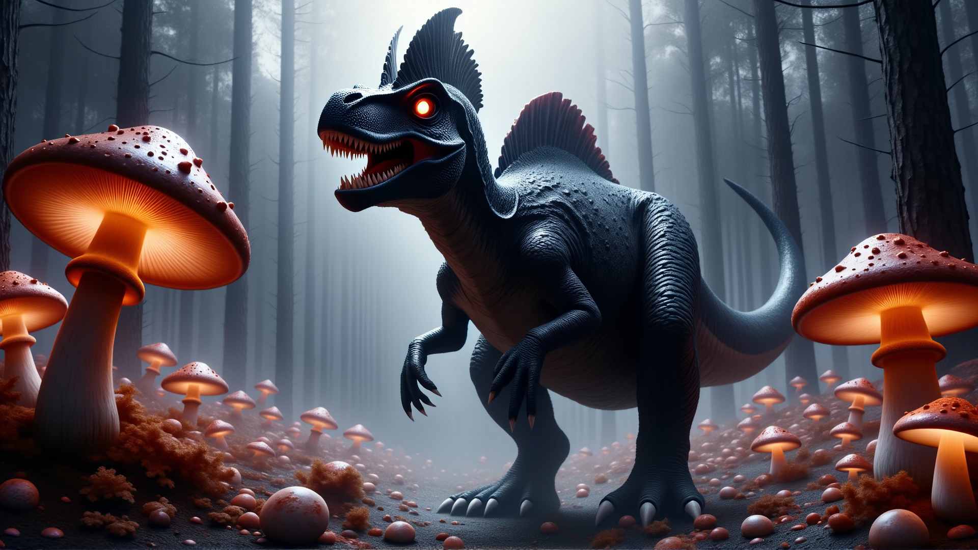 AI generated wallpaper featuring dinosaur, mushroom, forest, spine, giant, fungal, creature, glowing, fungi, dino