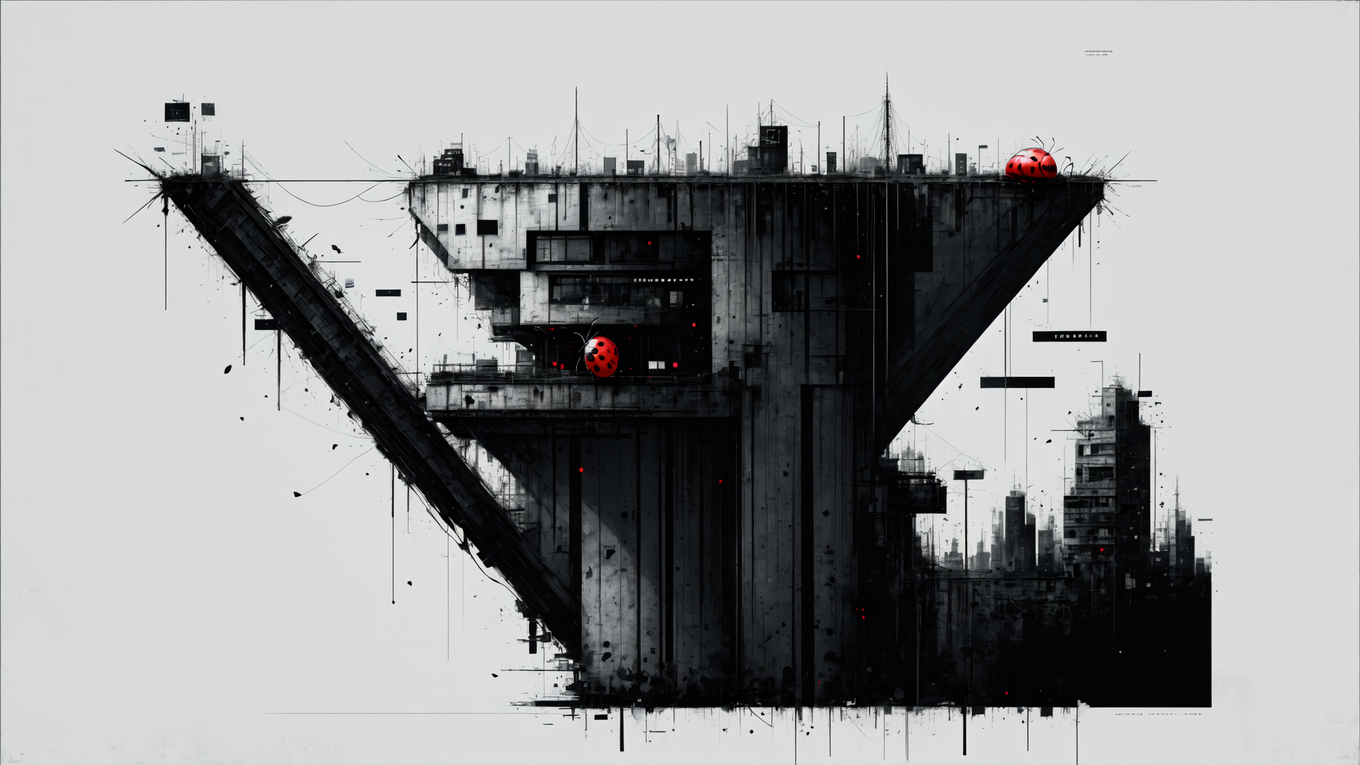 AI generated wallpaper featuring city, building, ladybug, structure, urban, architectural, skyscraper, debris, antenna, sign