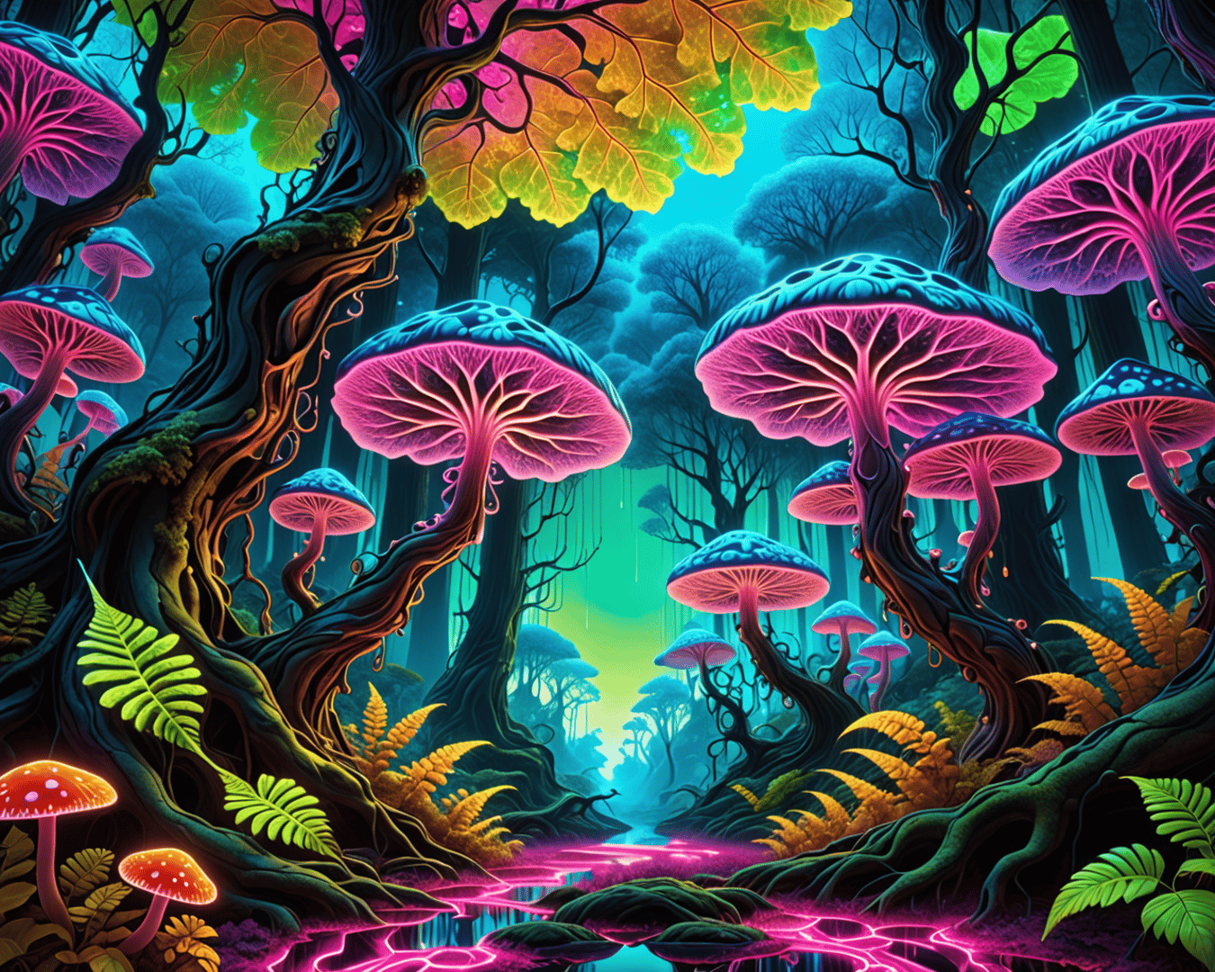 AI generated wallpaper featuring mushrooms, forest, trees