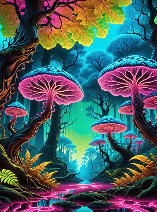 mushrooms, forest, trees