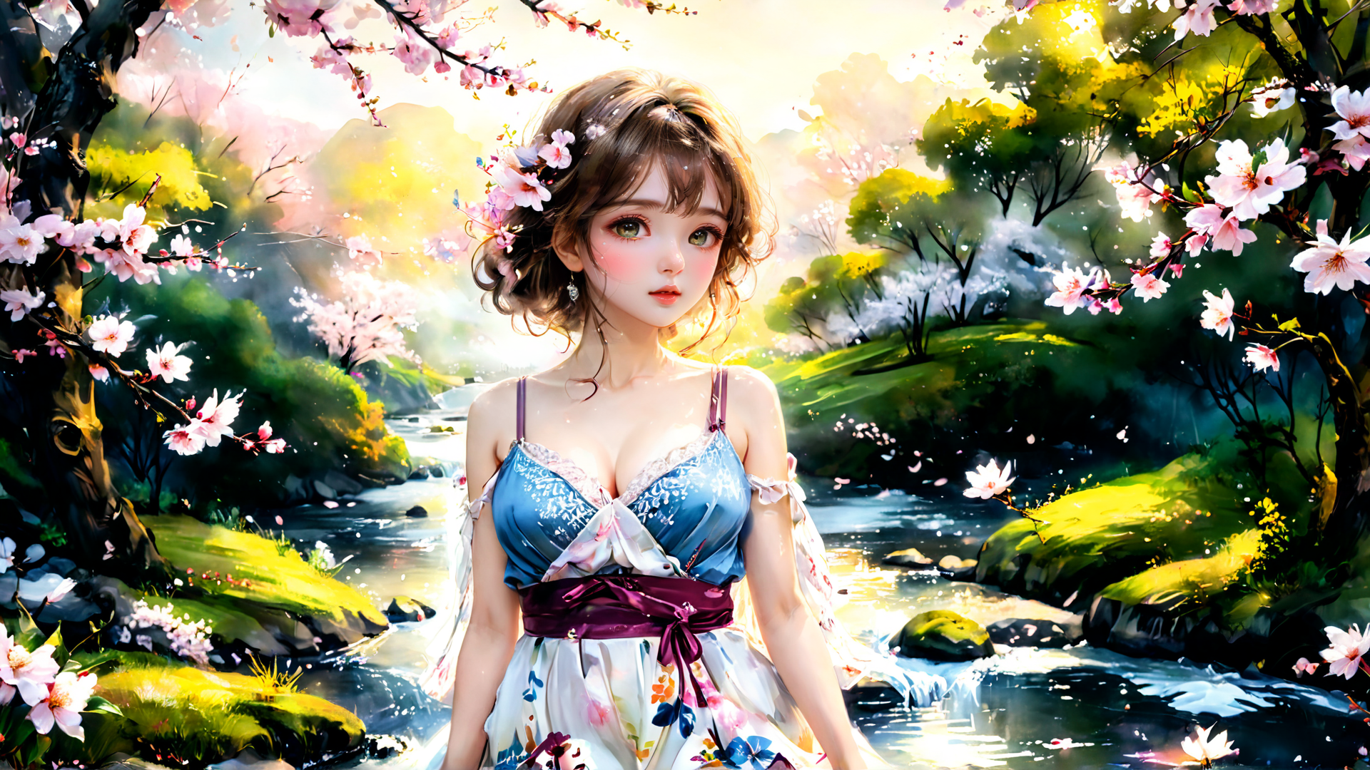 AI generated wallpaper featuring woman, cherry blossoms, stream