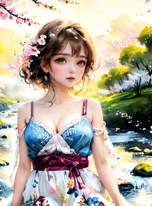 woman, cherry blossoms, stream