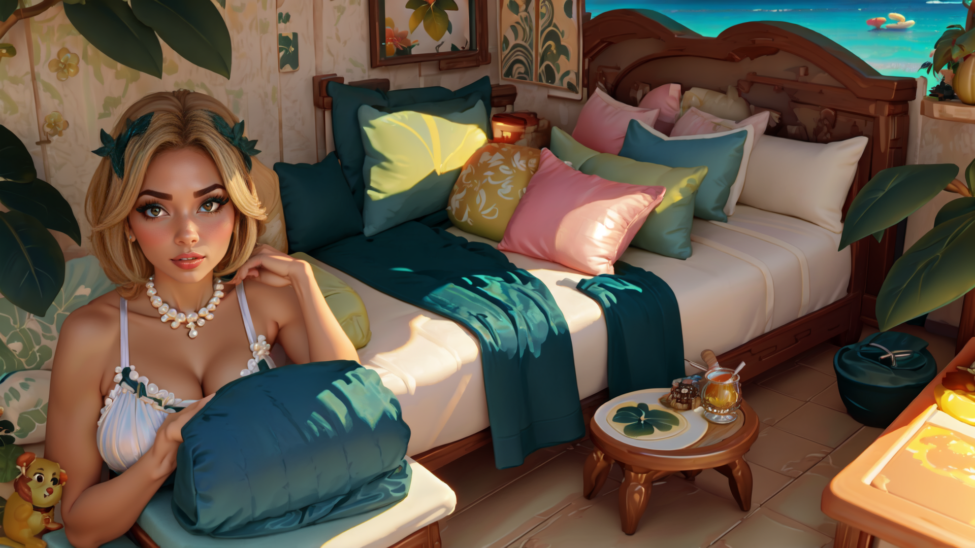 AI generated wallpaper featuring woman, bedroom, tropical