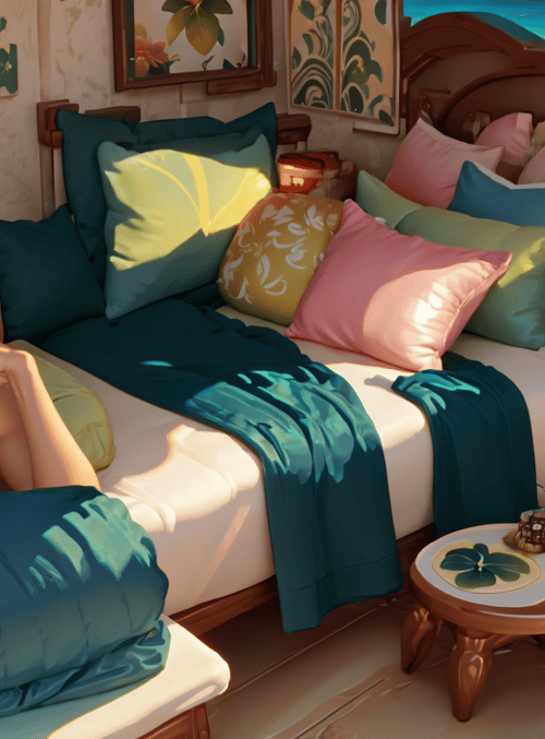 woman, bedroom, tropical