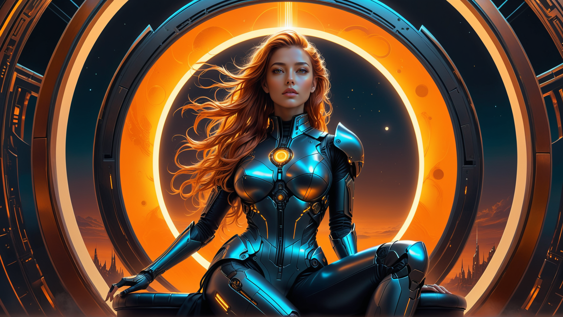 AI generated wallpaper featuring woman, cyborg, armor, gloves, chair