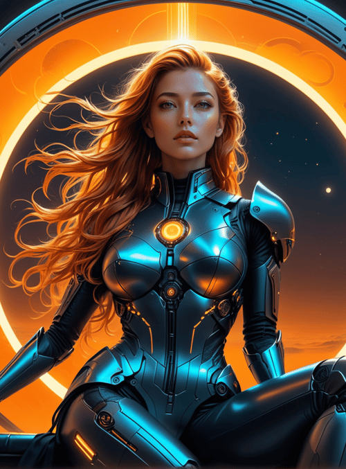 woman, cyborg, armor, gloves, chair