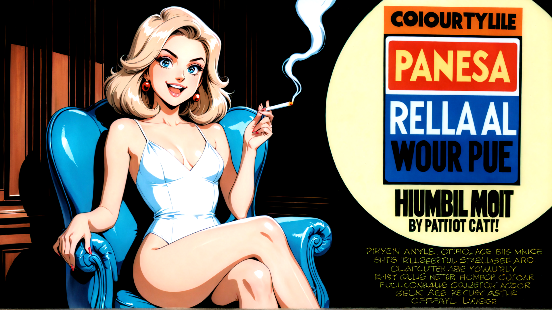 AI generated wallpaper featuring woman, cigarette, chair, poster, text, dress